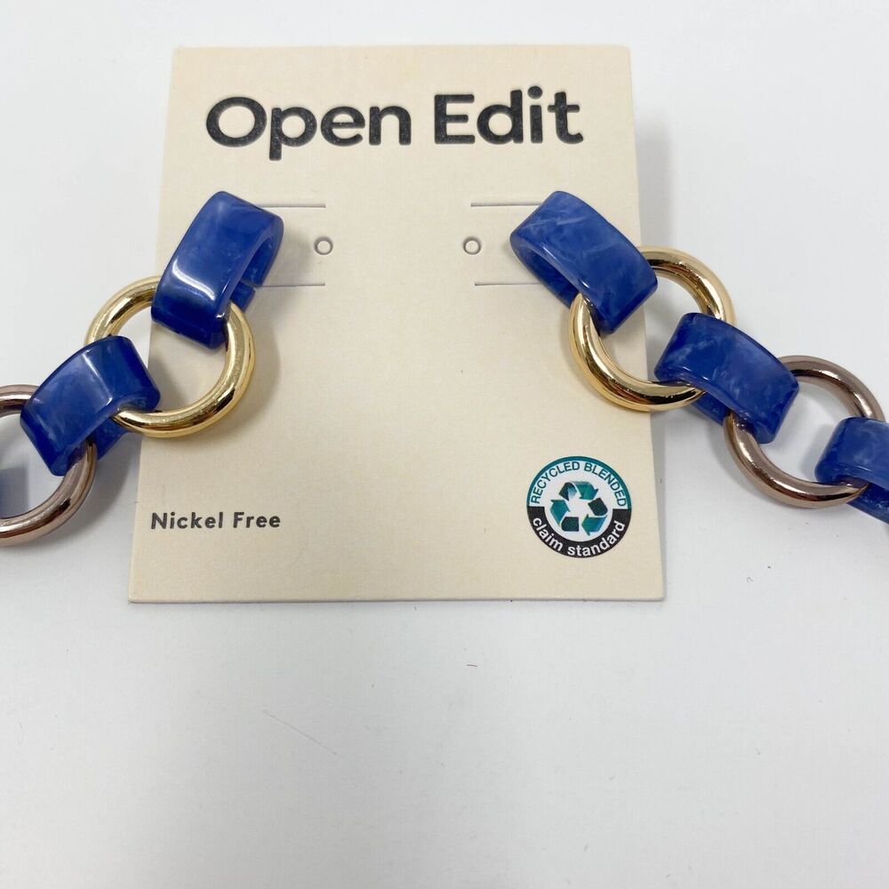 Open Edit Blue Marbled Link Drop Earrings Goldtone Post Back Recycled Materials - Picture 3 of 4